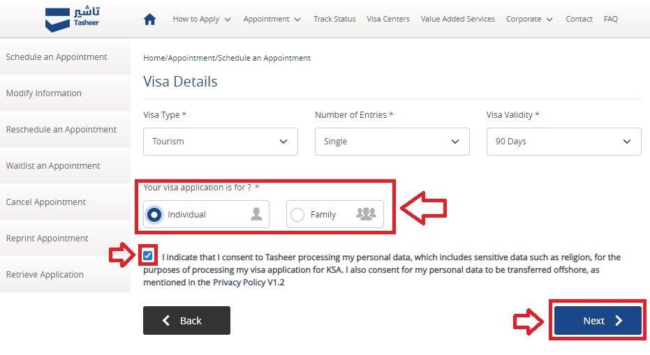 Select Your Visa Details - Tasheer Appointment